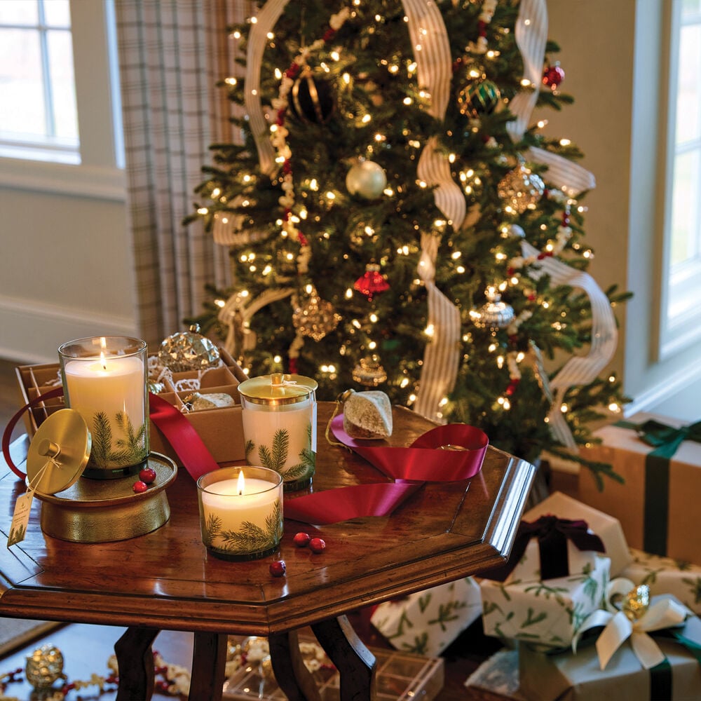 Frasier Fir Heritage Pine Needle Luminary Candle Set Beside Christmas Tree image number 2
